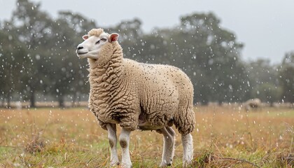 Fototapeta premium Cute Merino sheep in a farm pasture 