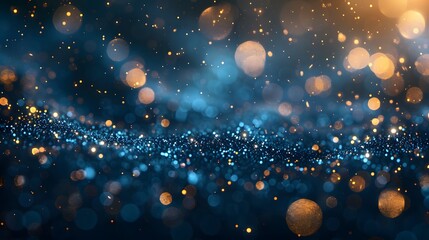 A navy blue background with golden particles features an abstract design. Gold foil texture sparkles amidst the bokeh effect of Christmas lights shimmering.