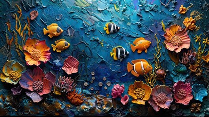 Submerged textures: the underwater world through impasto. the depth and richness of marine life with bold and textured painting