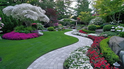 A beautiful garden with a white brick path and a white archway