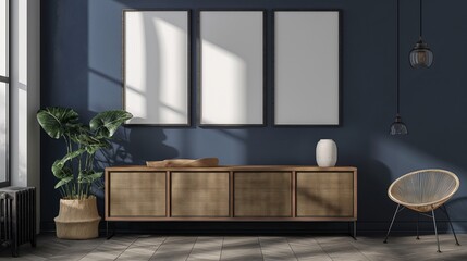 Three empty mockup frames on navy wall with brown wooden living room interior dresser and shelf with art decoration, mockup frames, modern luxury home interior design.