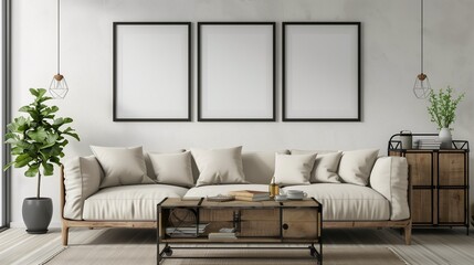 Living room interior in beige colors with three empty big whit frames on the wall for artwork mock ups.