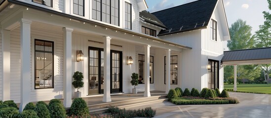 View of exterior architecture modern farmhouse with a front door featuring glass windows and porch