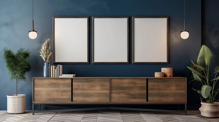 Three empty mockup frames on navy wall with brown wooden living room interior dresser and shelf with art decoration, mockup frames, modern luxury home interior design.