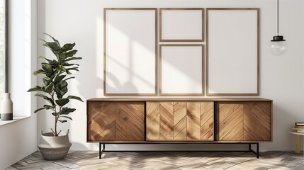 Fototapeta premium Three empty mockup frames on white wall with brown wooden living room interior dresser and shelf with art decoration, mockup frames, modern luxury home interior design.