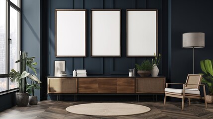 Three empty mockup frames on navy wall with brown wooden living room interior dresser and shelf with art decoration, mockup frames, modern luxury home interior design.