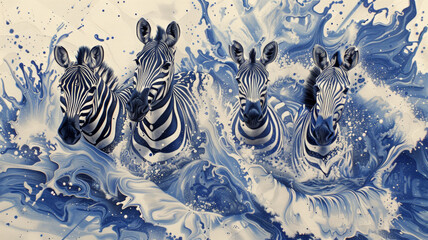 A painting of four zebras in the ocean - obrazy, fototapety, plakaty