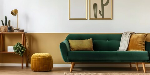 Stylish Scandinavian modern living room interior design, with three empty art frames mock up on the wall, green velvet sofa with cushions, ginger yellow stool, woolen carpet with plants. 