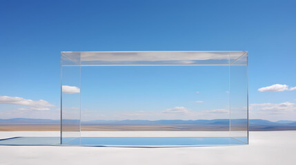 A huge rectangular glass box stands on a flat desert
