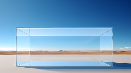 A huge rectangular glass box stands on a flat desert