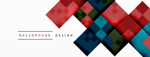 A colorful pattern of squares in magenta and electric blue shades on a white background, using rectangles and triangles, creating a dynamic and symmetrical art piece