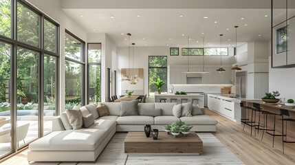 An interior design rendering of a modern living room and dining area in an open concept home with light wood floors, in the style of a minimalist modern interior design.