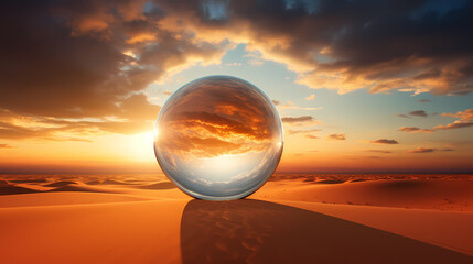 Glass sphere reflects vast desert landscape