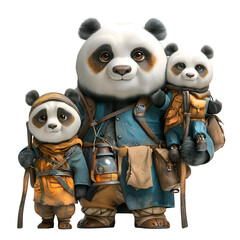 A 3D animated cartoon render of a panda guiding lost hikers to a nearby village.
