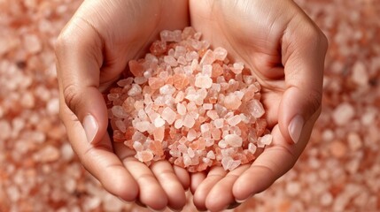 A hands holding a handful of pink Himalayan salt crystals used for making invigorating bath salts.