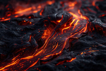 Vivid Close-Up of Molten Lava Flowing with Glowing Red and Black Textures