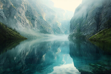 A serene lake nestled between towering cliffs, its surface mirroring the surrounding peaks.
