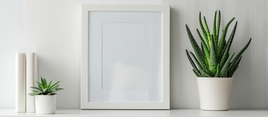 Arrange a white picture frame and an aloe vera plant on a bookshelf or desk, all in white hues.