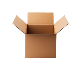 open and empty cardboard box with cover standing, isolated on transparent background. Generative AI