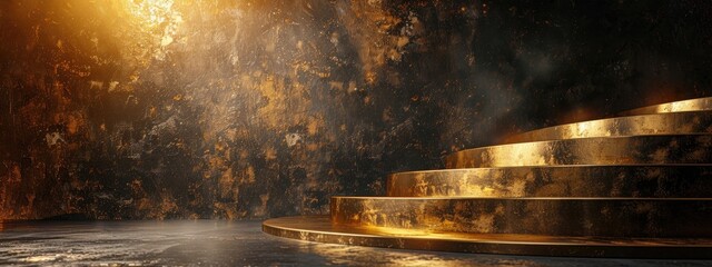 The beam of light is directed at a golden podium with steps on a black and gold background. The place for the award.