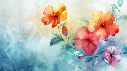Watercolor drawing of summer flowers with leaves on a pastel background.