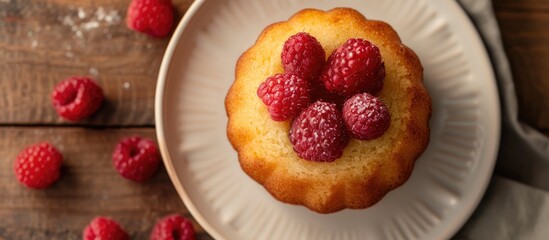 Top view Raspberry and Almond Financier is a petite almond cake of French origin, made with beurre noisette and typically prepared in a small mold.