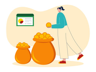 Woman saving bitcoin into bag. Crypto vector illustration