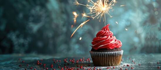 Cupcake adorned with sparkler for Christmas.