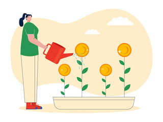 Woman watering investment. Crypto vector illustration