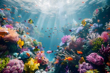 Vibrant Underwater Scene Teeming with Colorful Marine Life, Showcasing Biodiversity in Marine Biology Illustration