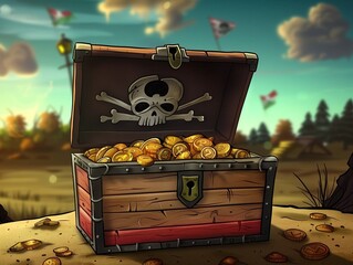 a chest filled with gold coins in the desert with trees and clouds