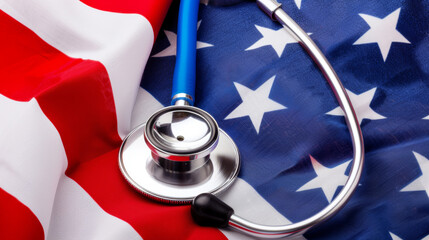 American healthcare concept with stethoscope and flag