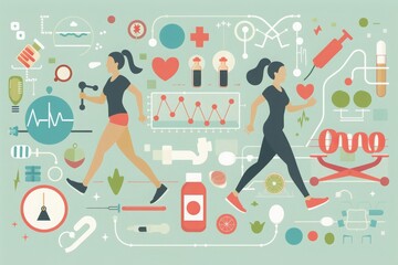 Illustration of a healthy lifestyle with fitness icons and wellness symbols