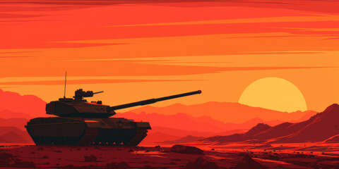 A tank is positioned on the edge of the desert at sunset, embodying heroic masculinity, silhouette lighting, and colorful animation stills.