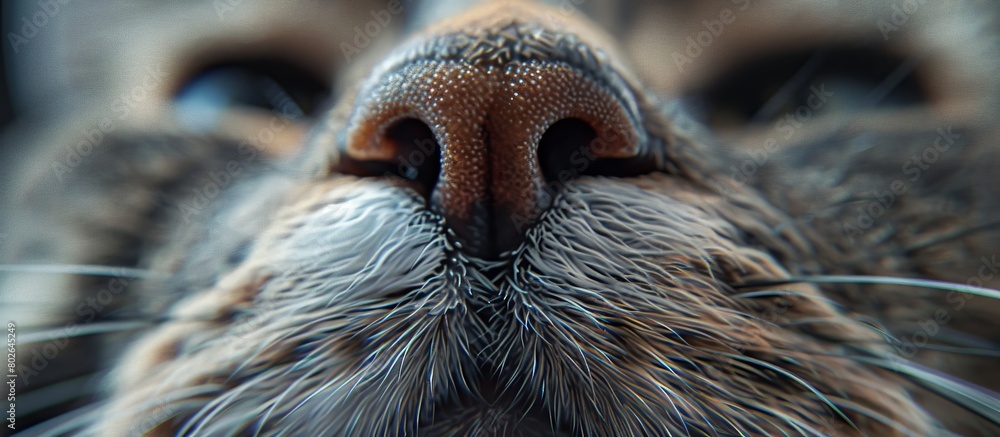 Poster the image showcases a detailed close-up of a cat's nose, with a soft and blurry background enhancing