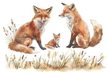 Warm and Natural Setting Depiction of a Fox Family in the Grass Illustrated in Watercolor