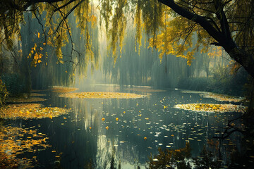 A tranquil pond surrounded by weeping willows, their branches dipping into the still water.