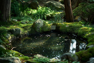 A tranquil pond nestled among moss-covered rocks in a tranquil woodland setting.