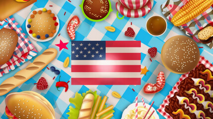 Obraz premium American flag picnic food table top view