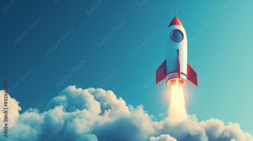 Wall mural A white rocket is shown in a blue sky, representing futuristic retro, dynamic energy in light silver and light red.