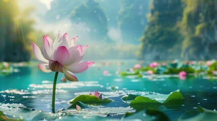 Describe a scene of spiritual beauty where a pink and white lotus rises majestically from radiant turquoise waters - Powered by Adobe