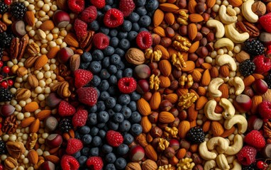 An assortment of nuts and berries is presented, packed with hidden details, in light yellow and dark red, with strong contours and an expansive layout.