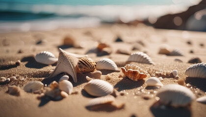 Fototapeta na wymiar Shells on a sunny beach, on the ocean