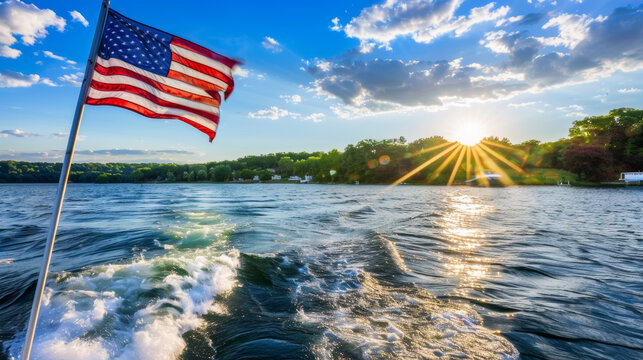 American flag waving on boat during sunset over lake