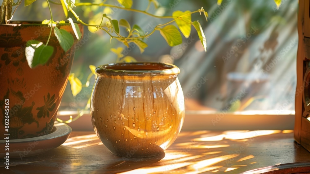 Poster a finished ceramic drum sitting on a shelf with sunlight glinting off of its glossy glaze and reflec