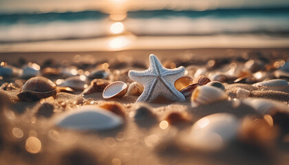 Shells and starfish on a sunny beach, on the ocean