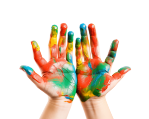 Open hands painted in colorful colors on a white background, symbolize creativity and joy. Generative AI