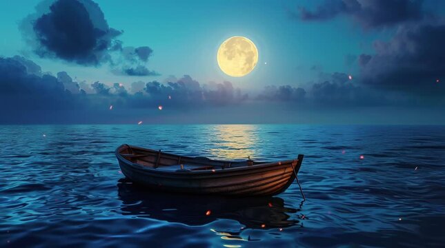 Wooden boat peacefully drifting on calm ocean waters under a full moon and cloudy sky.
Seamless looping 4k time-lapse virtual video animation background. Generated AI