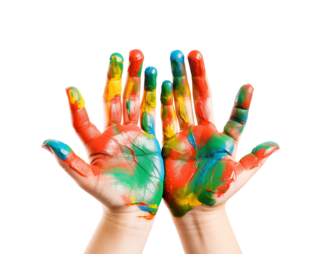 Open hands painted in colorful colors on a white background, symbolize creativity and joy. Generative AI