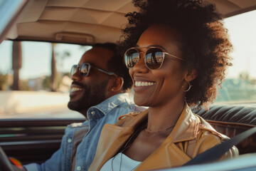 Joyful African American couple enjoying a road trip in a vintage car, smiling and experiencing freedom on the open road.